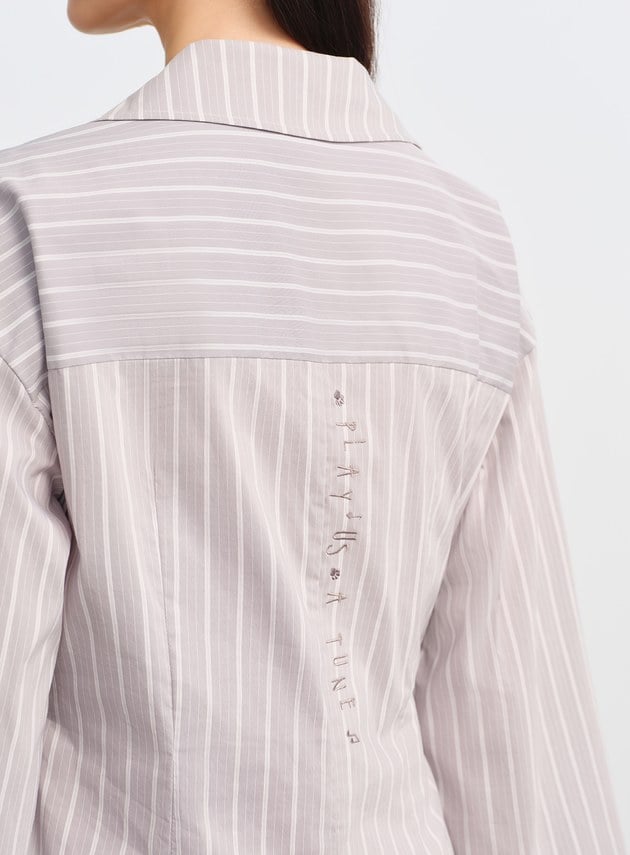 DISNEY｜V領條紋收腰開襟襯衫