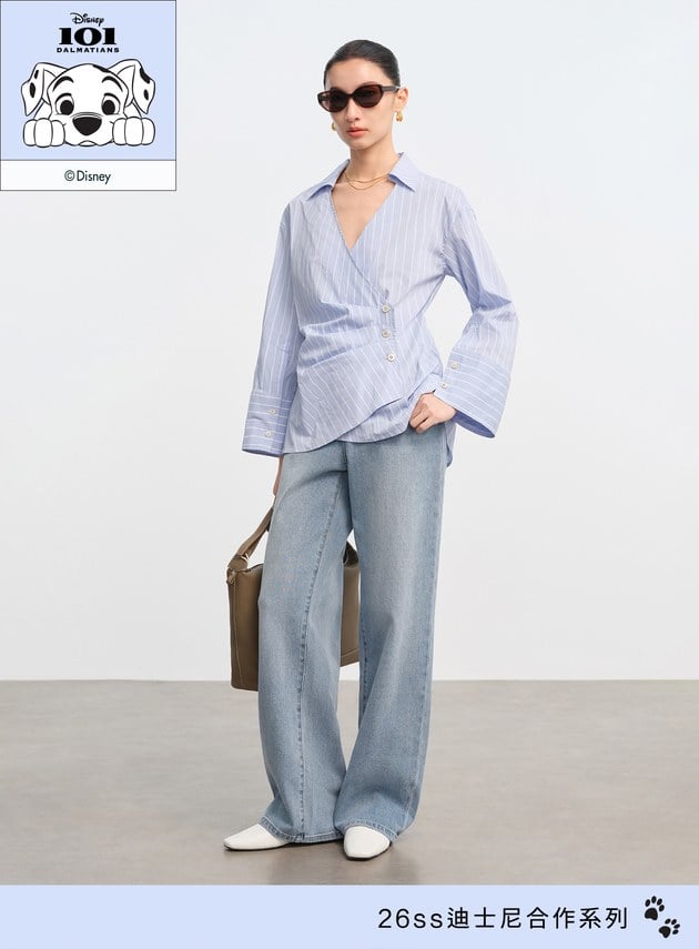 DISNEY｜V領條紋收腰開襟襯衫