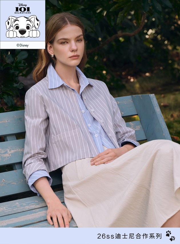 DISNEY｜橫豎條紋短版襯衫