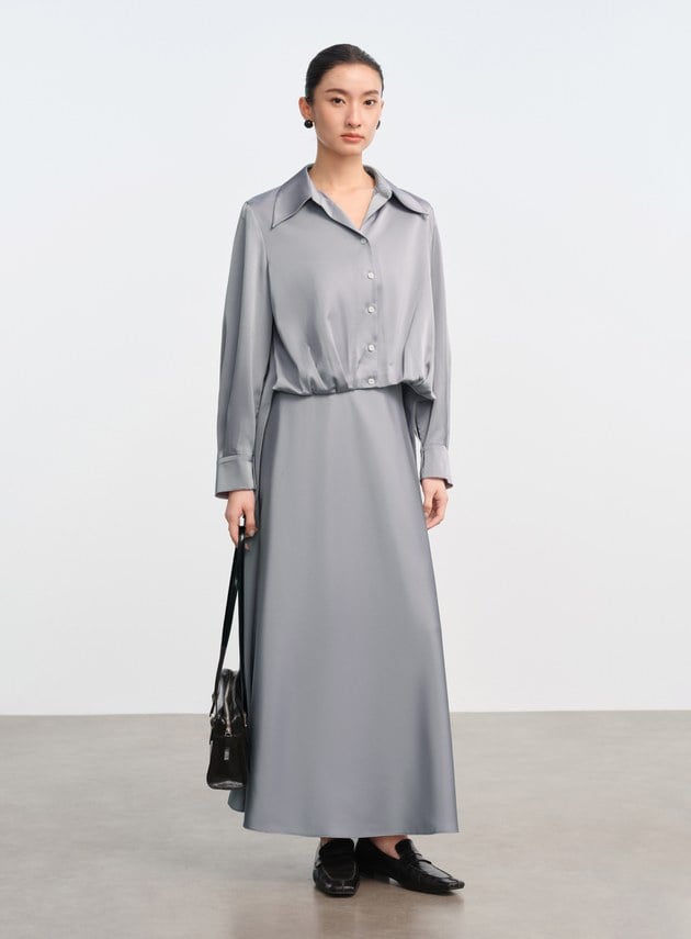 復古尖領緞面襯衫