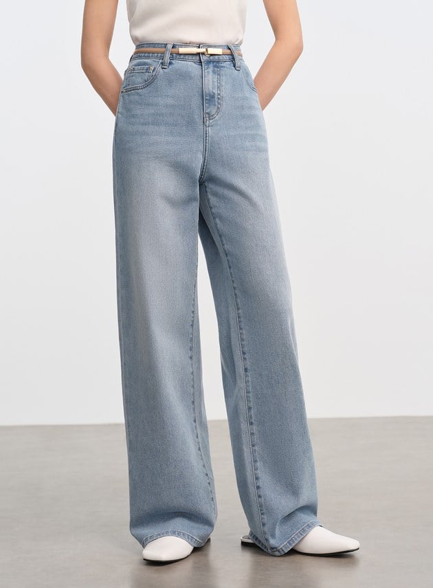 撞色口袋拼接直筒牛仔褲