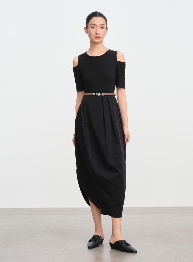 優雅露肩拼接洋裝