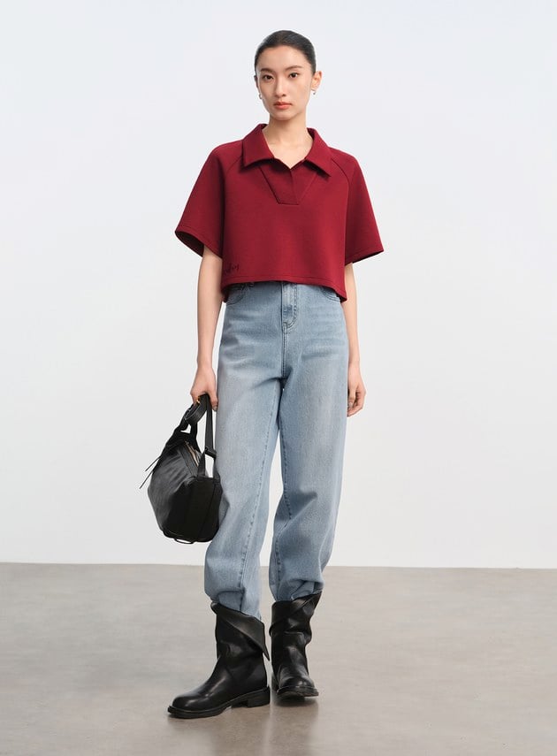 不對稱收腰短版 POLO 上衣
