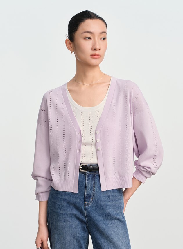 直紋簍空提花V領開襟衫