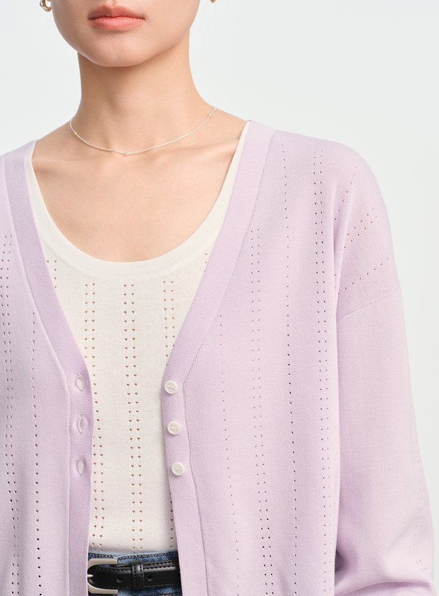 直紋簍空提花V領開襟衫