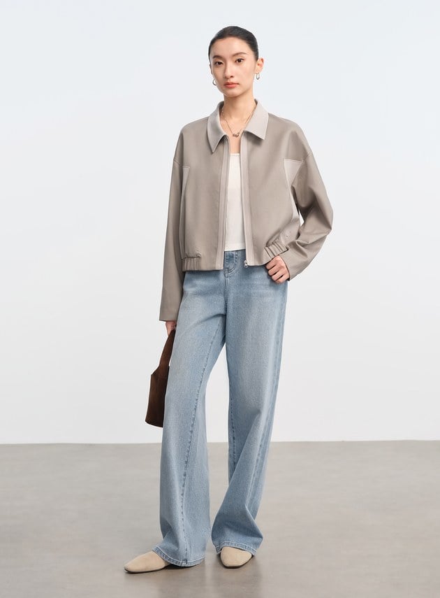 撞色拼接領短版拉鍊外套