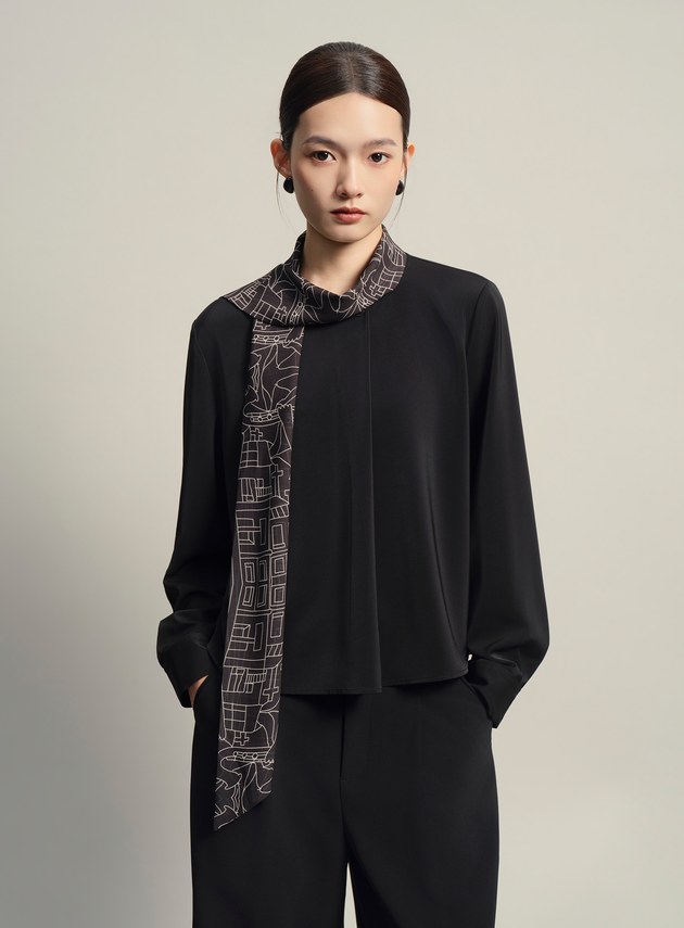 Leland Lee藝術家聯名-可拆式印花絲巾雪紡上衣