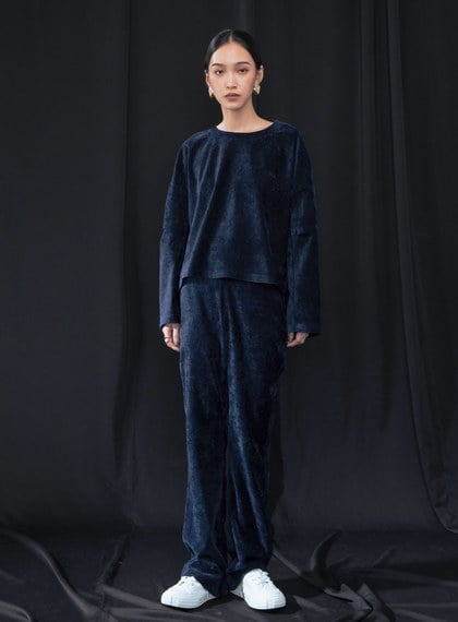 袖剪接開口雪尼爾上衣