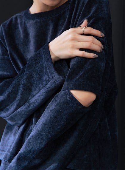 袖剪接開口雪尼爾上衣