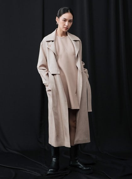 活片雙層領附腰帶大衣