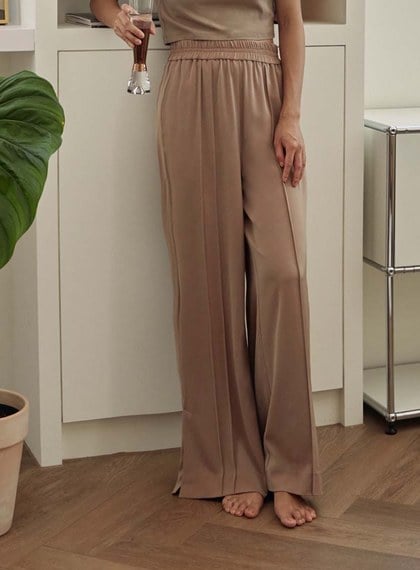 微光澤腰頭鬆緊休閒寬褲