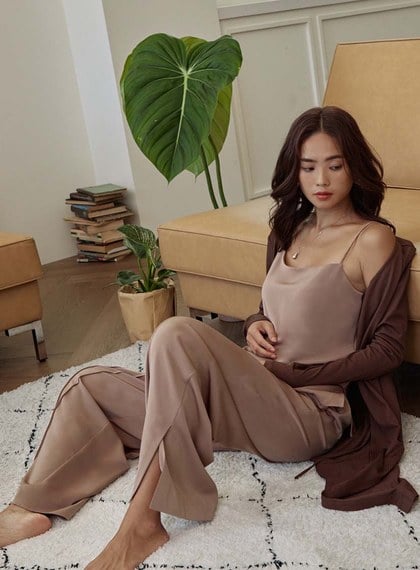 微光澤腰頭鬆緊休閒寬褲