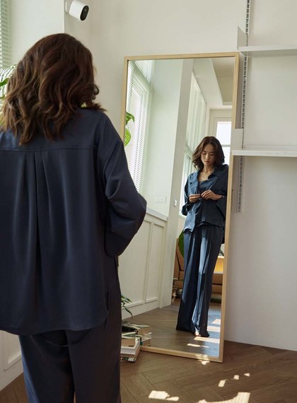 微光澤腰頭鬆緊休閒寬褲