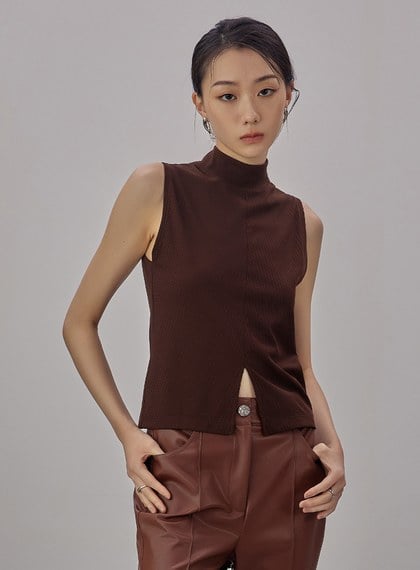 半高領坑條無袖上衣