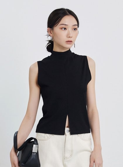 半高領坑條無袖上衣