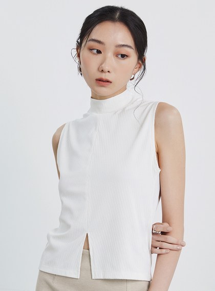 半高領坑條無袖上衣
