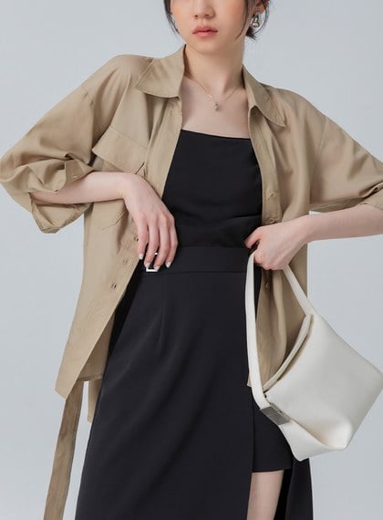 口袋七分袖綁帶襯衫