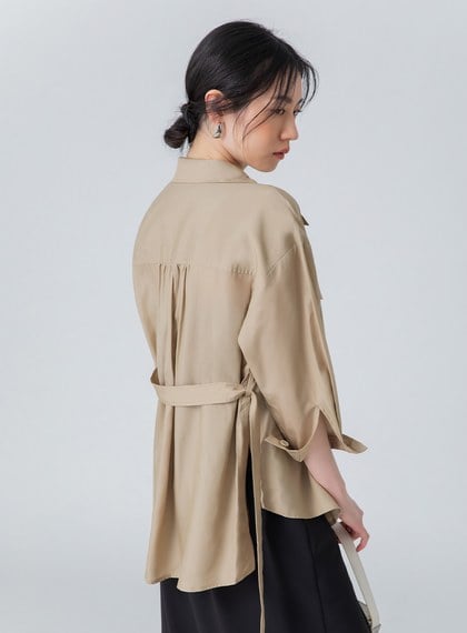 口袋七分袖綁帶襯衫