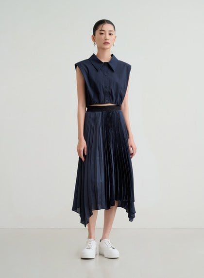 短版俐落寬肩無袖休閒襯杉