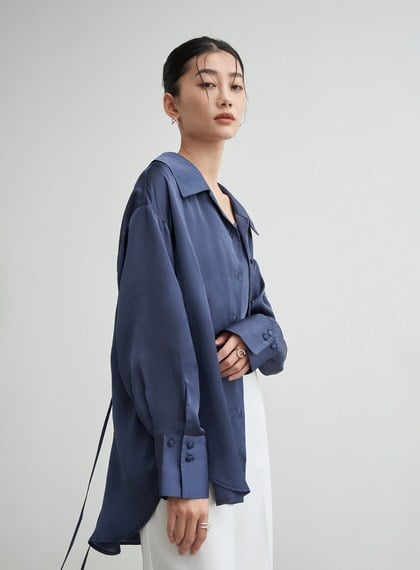 兩件式後綁帶細節緞面襯衫