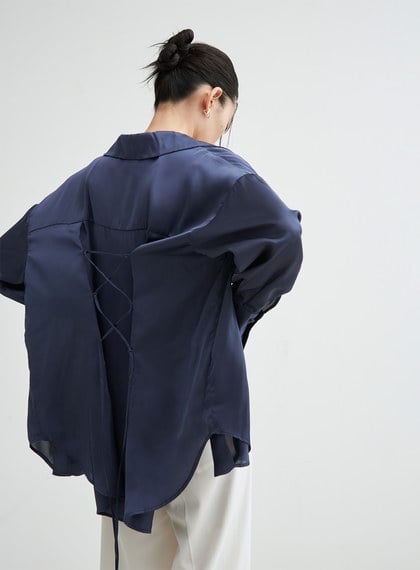 兩件式後綁帶細節緞面襯衫