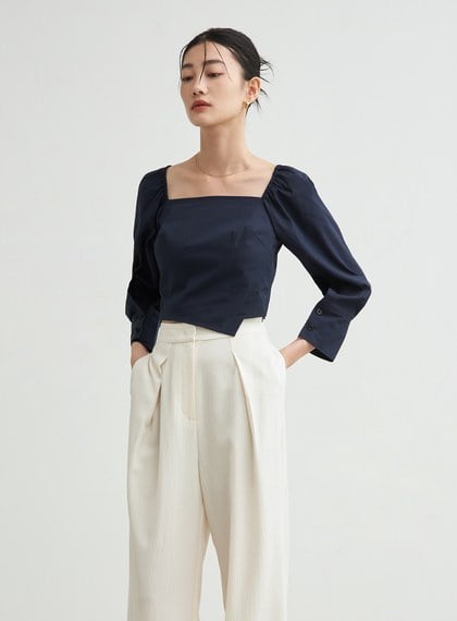 短版方領率性長袖襯衫