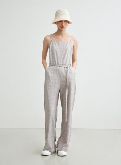 格紋平口綁帶連身寬褲