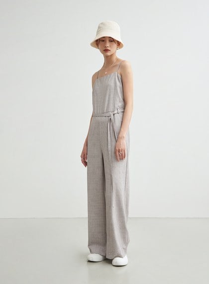 格紋平口綁帶連身寬褲