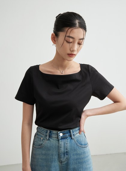 船型領異材質拼接上衣