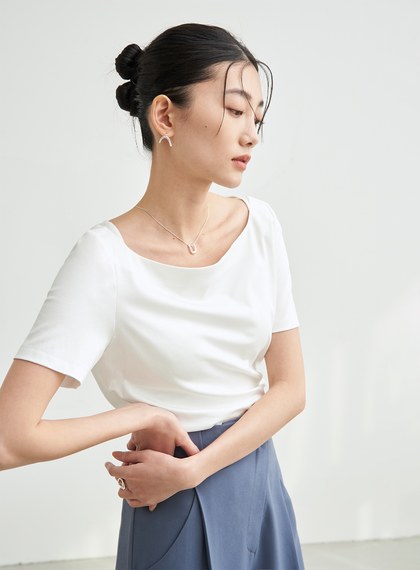 船型領異材質拼接上衣