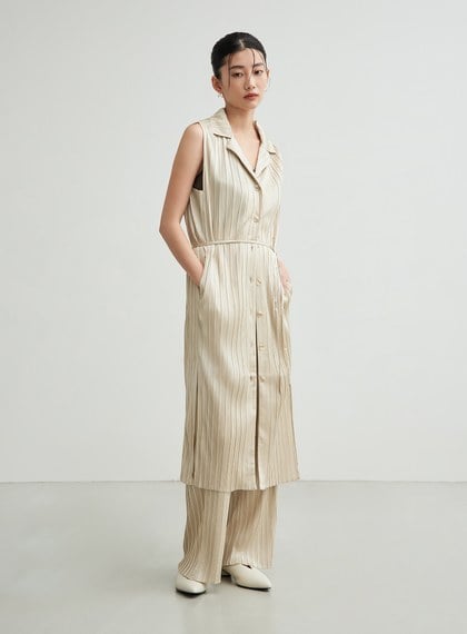 無袖壓摺綁帶飄逸洋裝