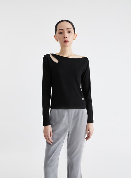 斜領鏤空長袖坑條上衣