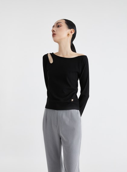 斜領鏤空長袖坑條上衣