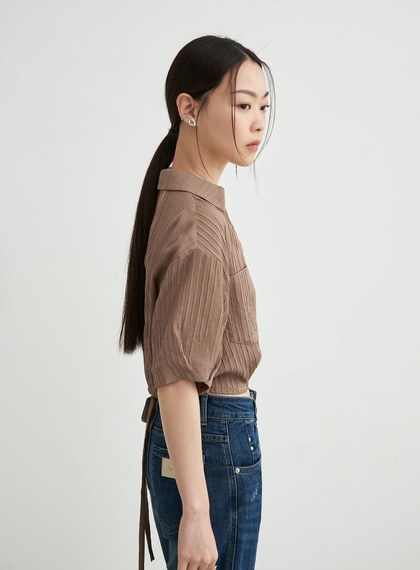 圍裹式口袋襯衫短袖上衣