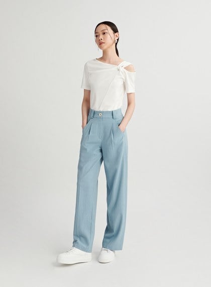 皺縮肌理修身直筒寬褲