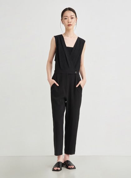 俐落異材質拼接連身褲