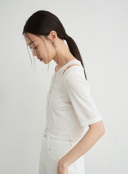 假兩件簍空細節短袖上衣