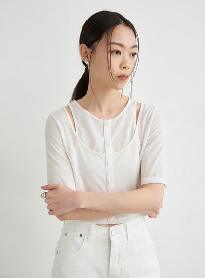 假兩件簍空細節短袖上衣