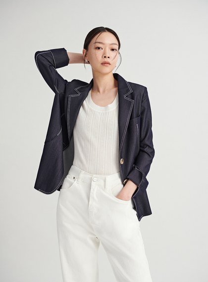 時髦仿牛仔壓線收腰西裝外套