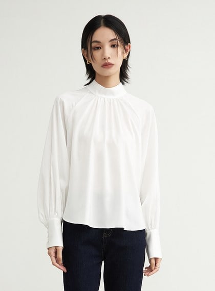 優雅半高領抽皺泡袖襯衫