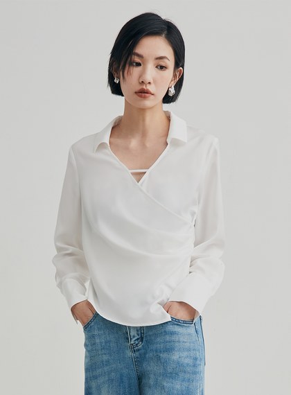 微光澤圍裹式長袖襯衫