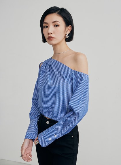 優雅率性條紋斜肩襯衫