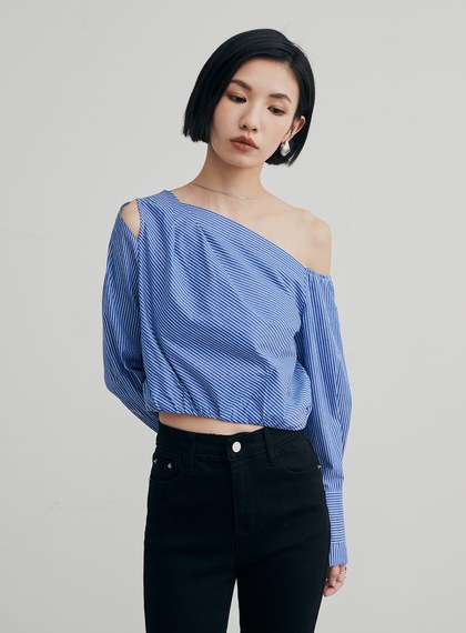 優雅率性條紋斜肩襯衫