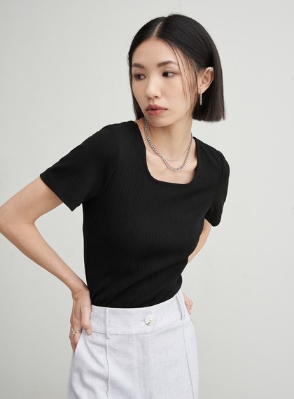 彈性坑條方領合身短袖上衣