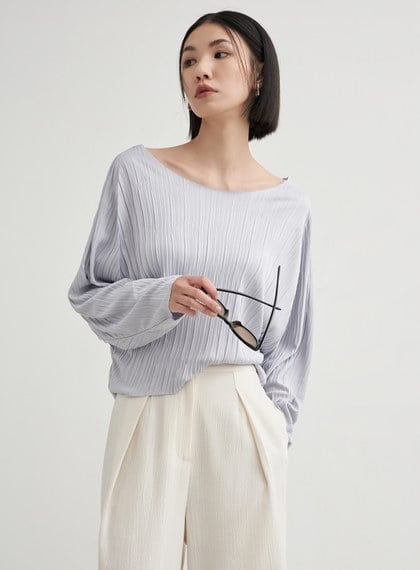 圓領壓褶休閒長袖上衣