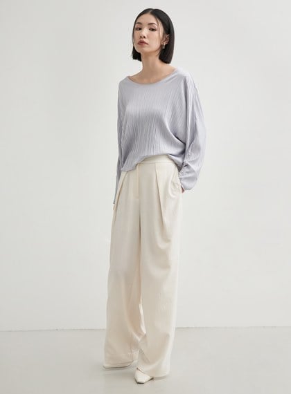 圓領壓褶休閒長袖上衣