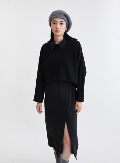 造型感異材質兩件式開衩洋裝