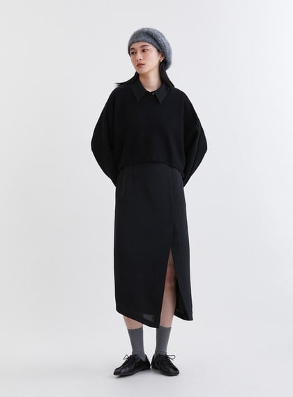 造型感異材質兩件式開衩洋裝