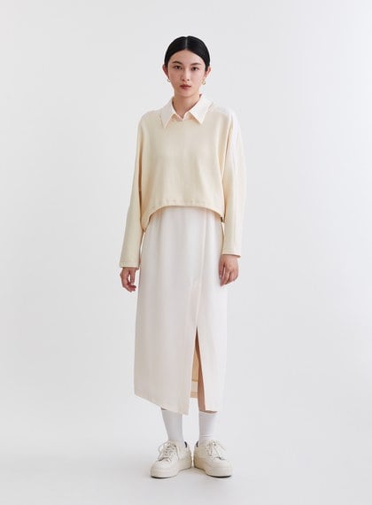 造型感異材質兩件式開衩洋裝