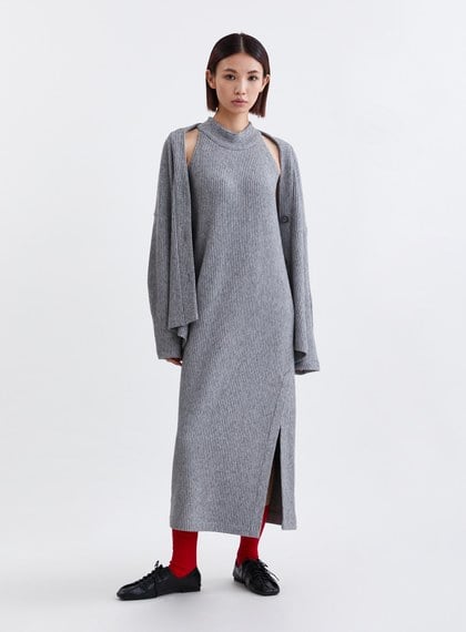 慵懶坑條削肩針織BRA長洋裝